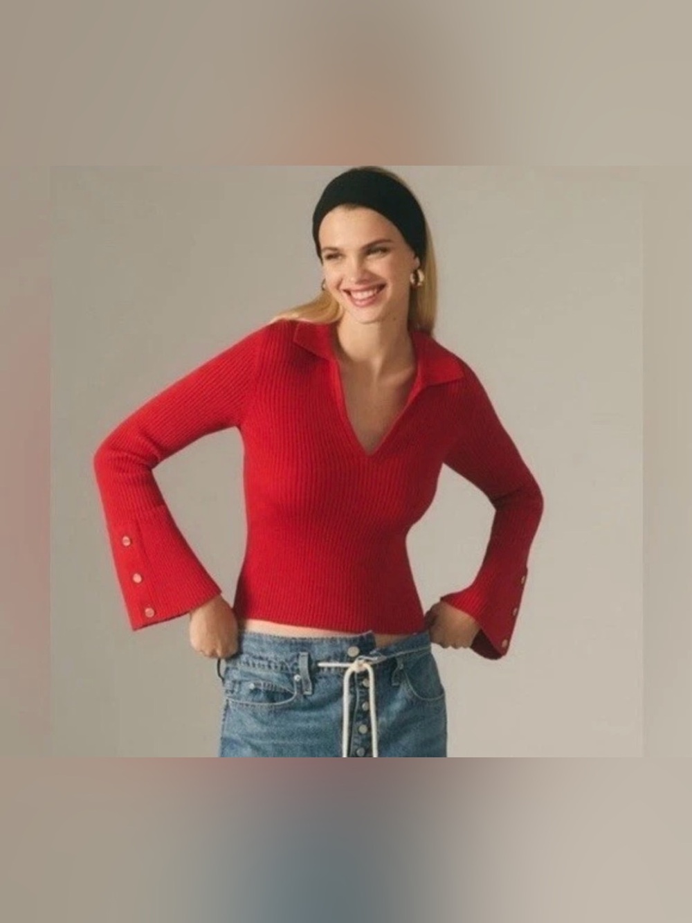 Maeve by Anthropologie Ribbed V-Neck Sweater with Flared Button Cuffs